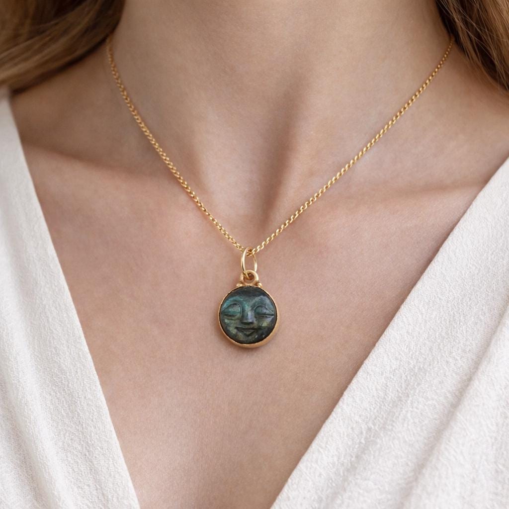 Labradorite Moon Necklace: Sterling Silver Framed Gemstone Pendant