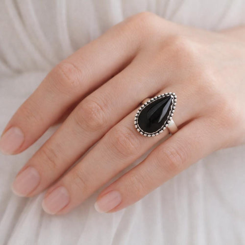 Black Onyx Teardrop Ring in Sterling Silver, Vintage Onyx Stone, Handmade Silver Black Onyx Ring, Retro Boho Jewelry Gift
