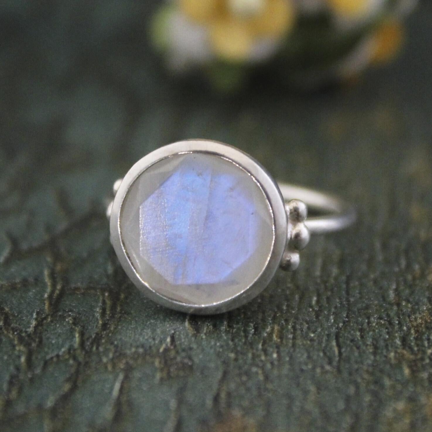 Rainbow Moonstone Ring, Sterling Silver Boho Statement Jewelry, Women Gift, Moonstone engagement ring