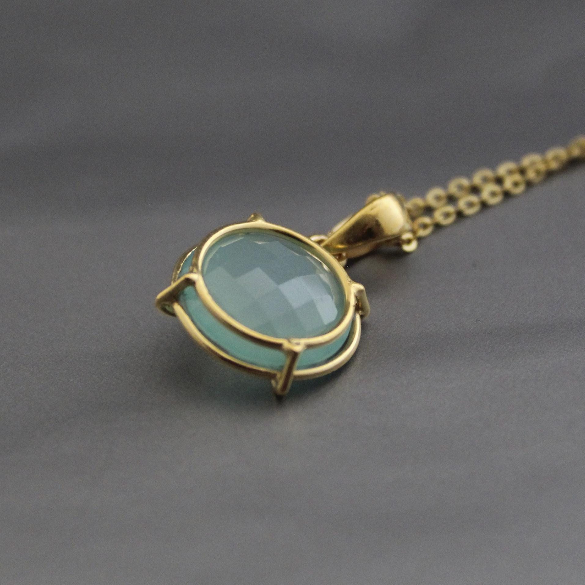 Aqua Chalcedony Necklace, Dainty Sterling Silver Gemstone Pendant, stone pendants, mothers day gift, Victorian Pendant Necklace
