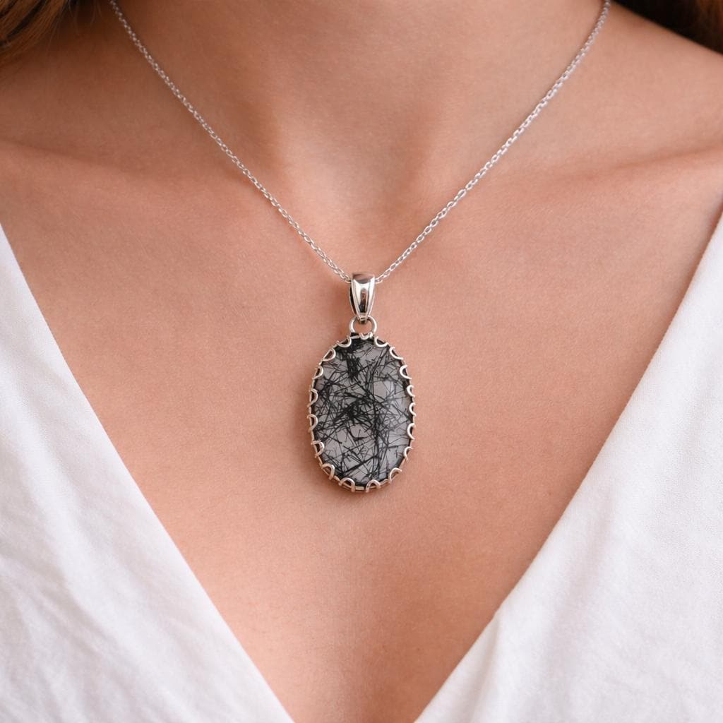 Black Rutilated Quartz Necklace, Sterling Silver Healing Crystal Pendant, Rutile jewelry, Gemstone pendant