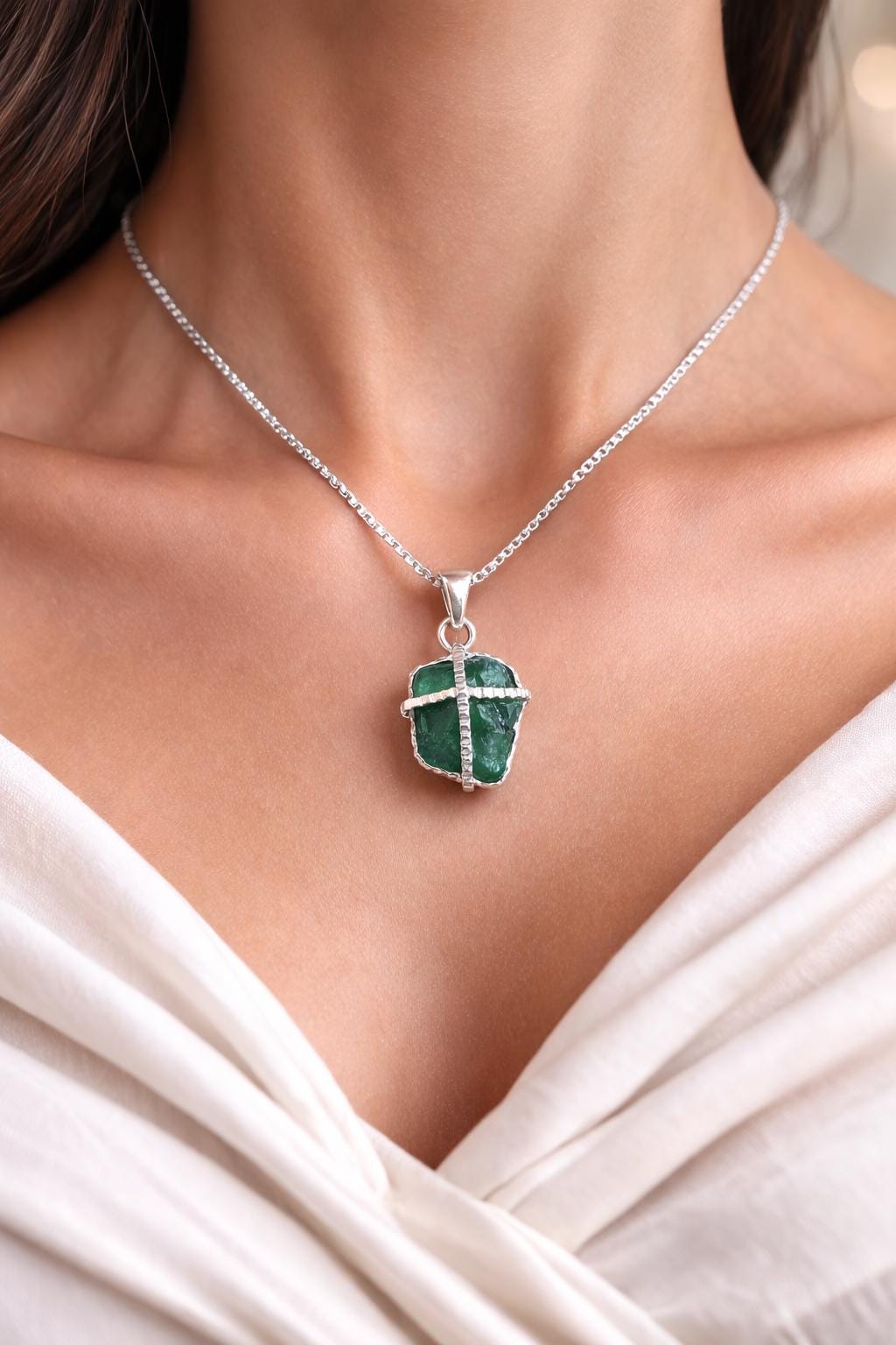 Raw Emerald Necklace, May Birthstone Necklace, Natural Gemstone Necklace, Sterling silver Necklace, Green Pendant, Handmade Jewelry