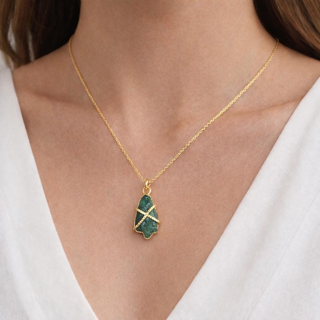 Raw Emerald Necklace: Sterling Silver Framed, May Birthstone
