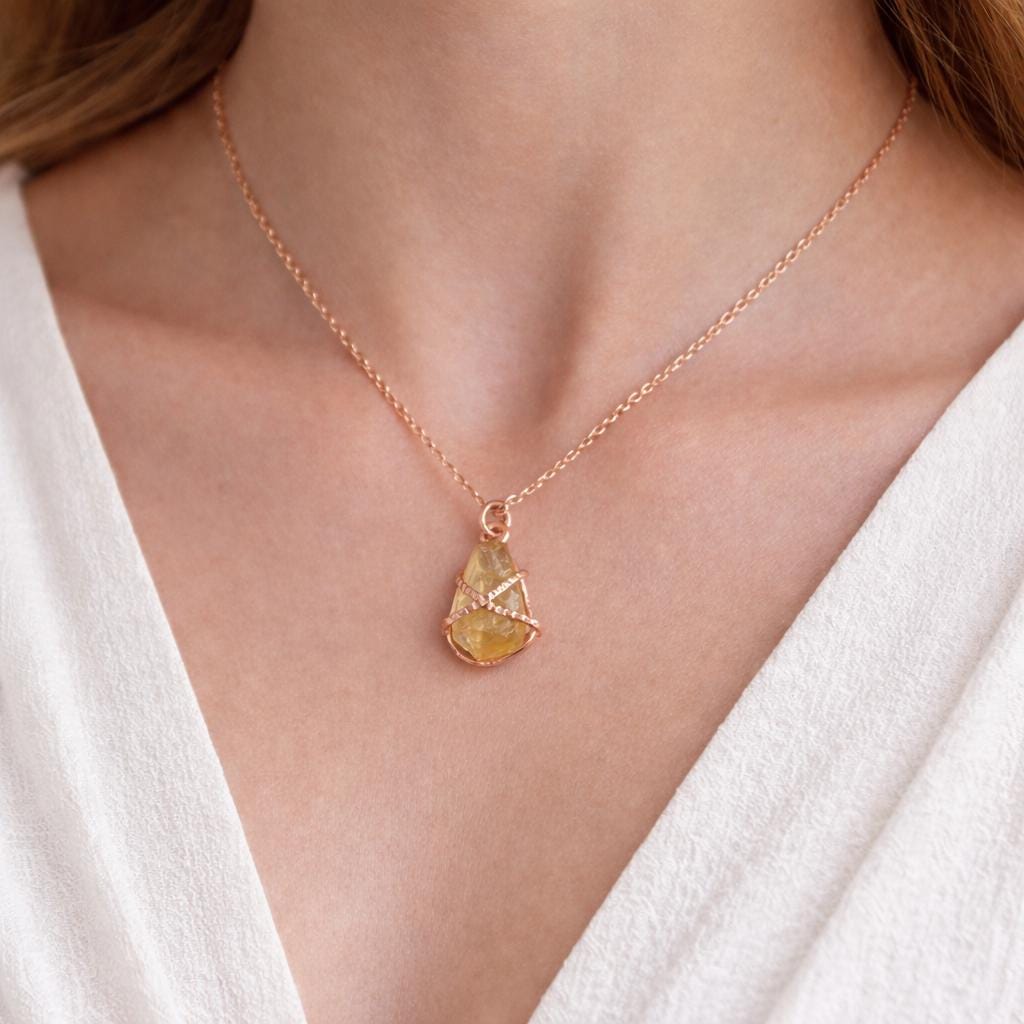 Raw Citrine Necklace: Sterling Silver Wire Wrapped Pendant, Handmade