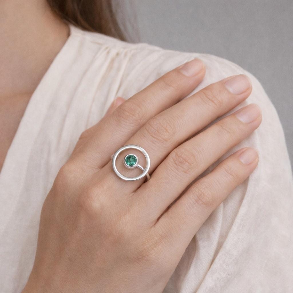 Natural Emerald Sterling Silver Ring, Modern May Birthstone Jewelry, emerald engagment ring