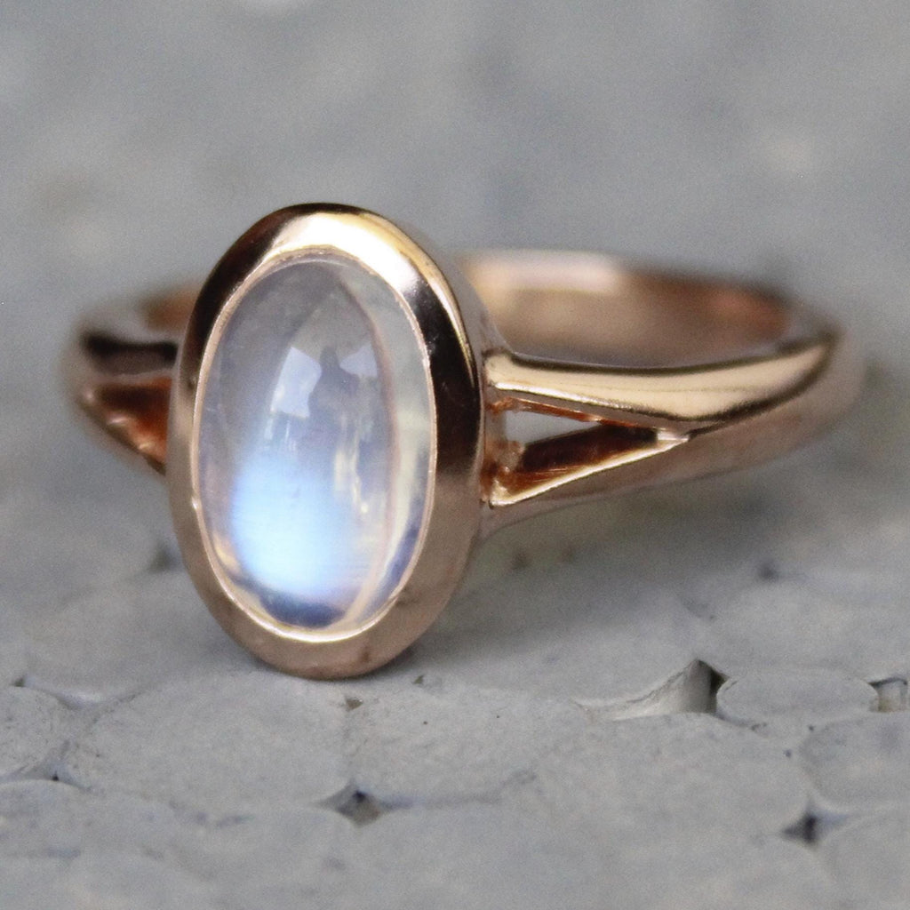 Rainbow Moonstone Ring, 14K Rose Gold Vermiel, 925 Sterling Silver, Boho Simple Ring, June Birthstone, Gemstone Jewelry