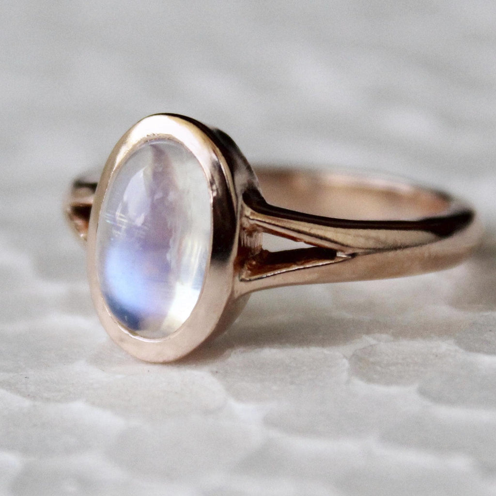 Rainbow Moonstone Ring, 14K Rose Gold Vermiel, 925 Sterling Silver, Boho Simple Ring, June Birthstone, Gemstone Jewelry