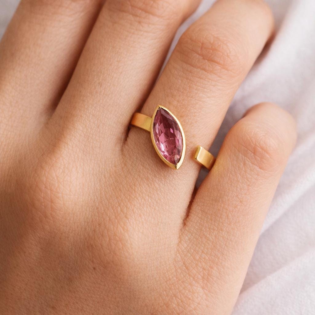 Pink Tourmaline Ring, Dainty Gold Ring, Adjustable Band, Pink Gemstone Ring, 925 Sterling Silver Jewelry, Birthday Gift, Ring For Mother