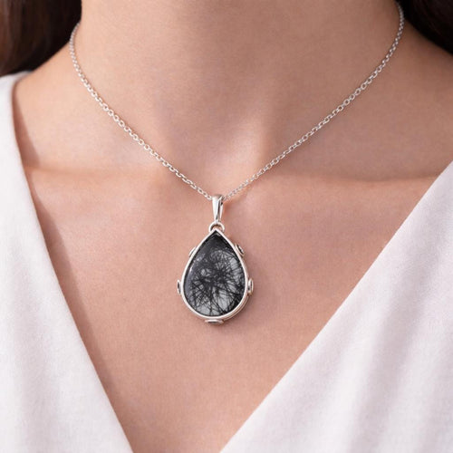 Black Rutilated Quartz Necklace, Handmade 925 Sterling Silver Gemstone Jewelry, black rutile jewelry
