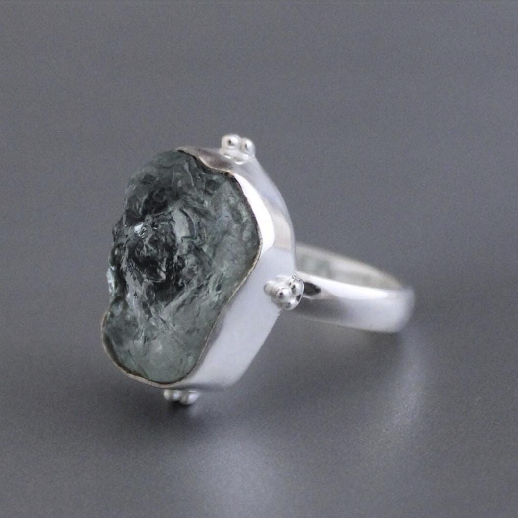 Raw Aquamarine Ring, March Birthstone 925 Sterling Silver Healing Crystal, Handmade Asymmetric Design with Crystal