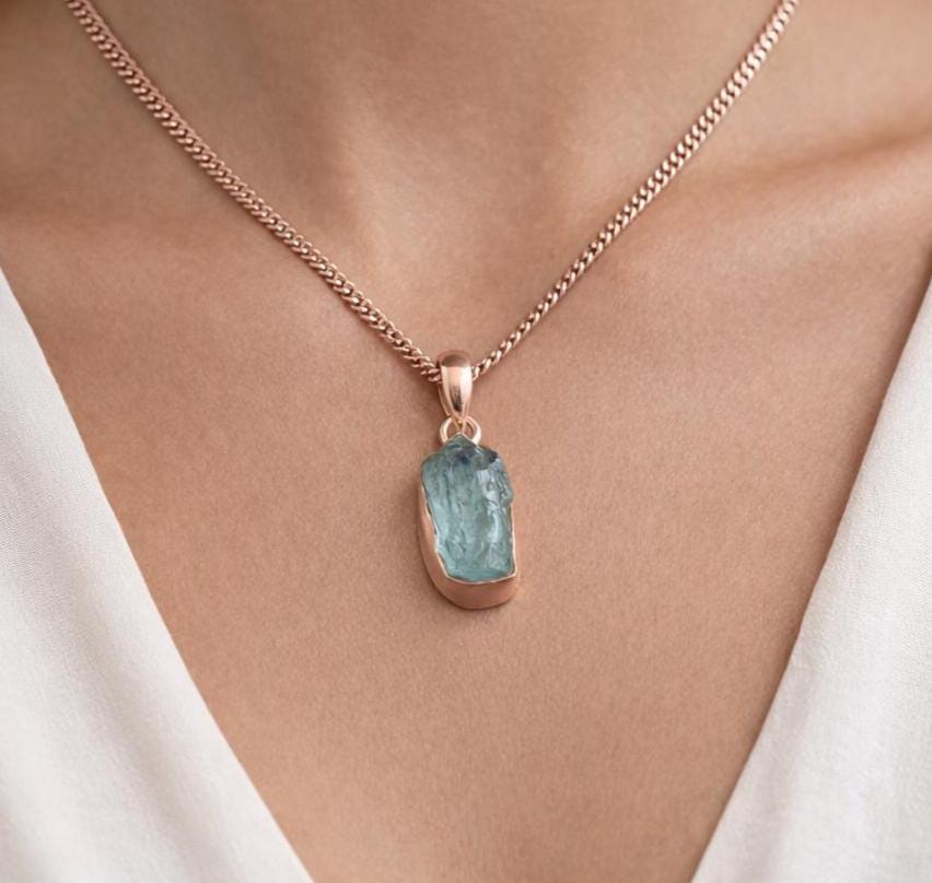 Raw Aquamarine Necklace: Rose Gold Sterling Silver, March Birthstone