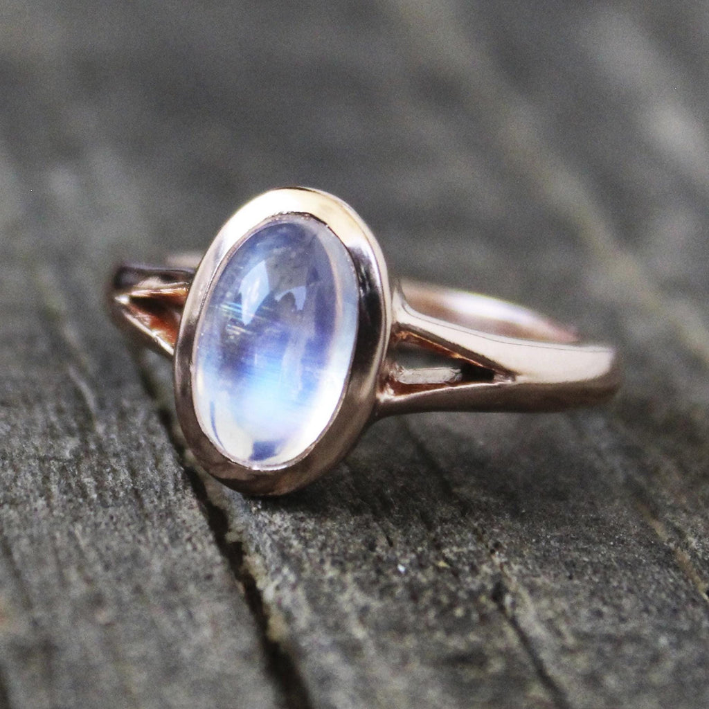 Rainbow Moonstone Ring, 14K Rose Gold Vermiel, 925 Sterling Silver, Boho Simple Ring, June Birthstone, Gemstone Jewelry