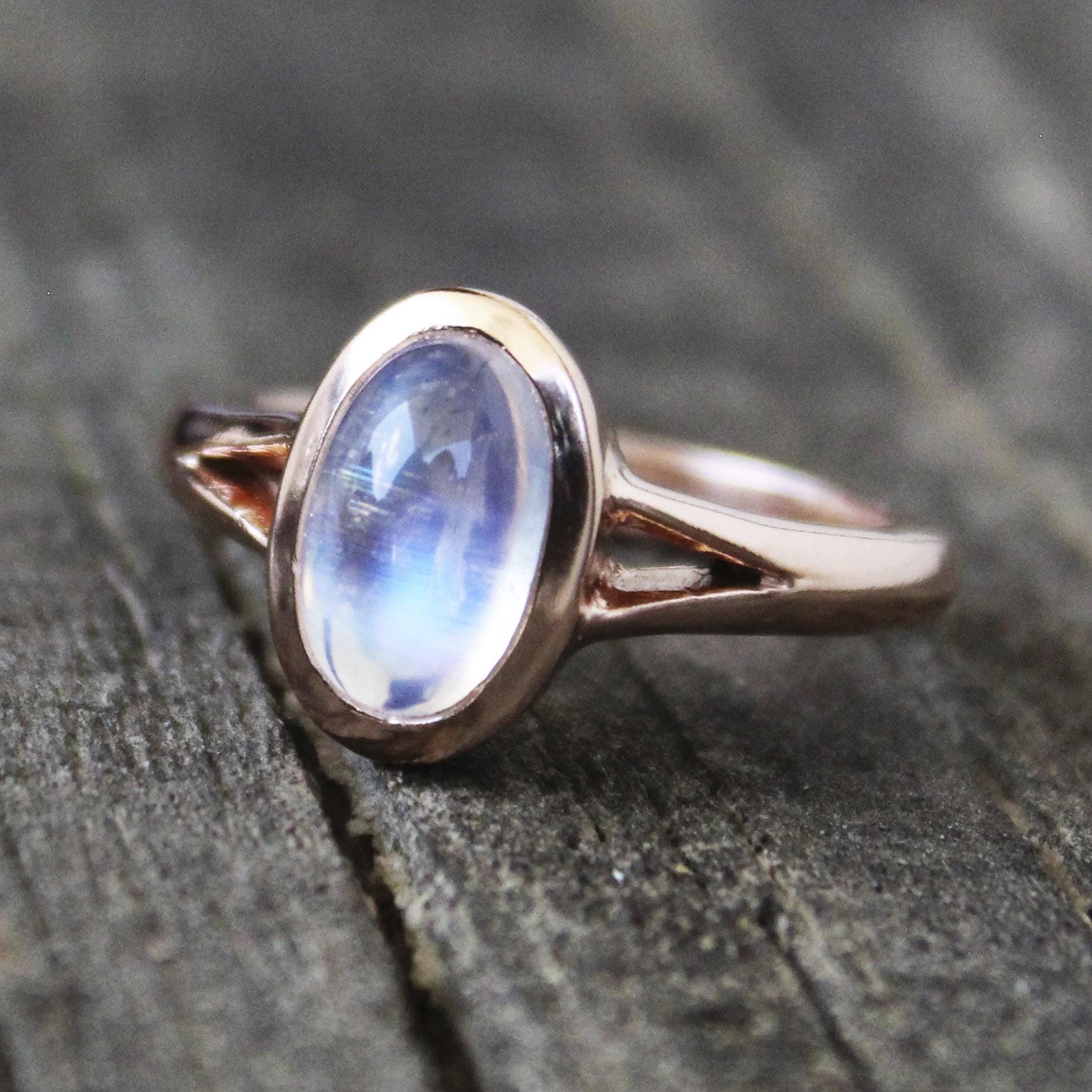 Rainbow Moonstone Ring, 14K Rose Gold Vermiel, 925 Sterling Silver, Boho Simple Ring, June Birthstone, Gemstone Jewelry