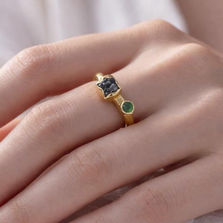 Raw Diamond Engagement Ring, Natural Emerald Ring, Handmade Silver Gold Plated Jewelry, Rough Gemstone Ring, April and may Birthstone