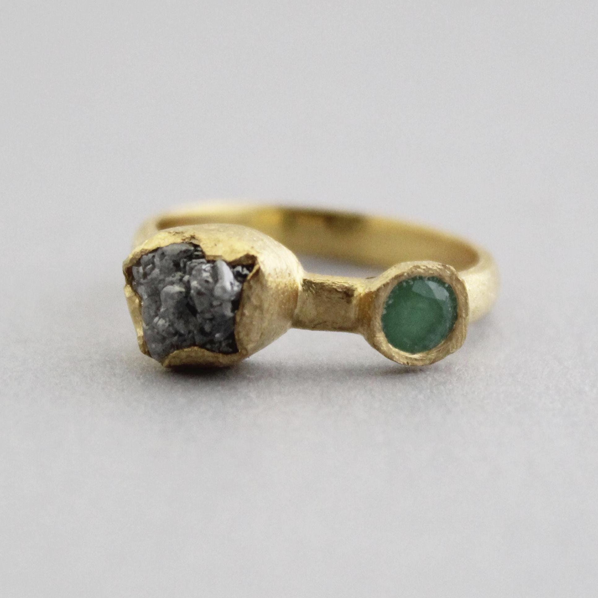Raw Diamond Engagement Ring, Natural Emerald Ring, Handmade Silver Gold Plated Jewelry, Rough Gemstone Ring, April and may Birthstone