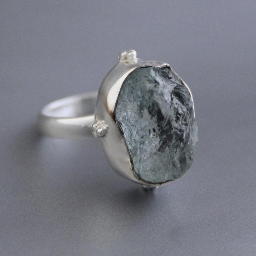 Raw Aquamarine Ring, March Birthstone 925 Sterling Silver Healing Crystal, Handmade Asymmetric Design with Crystal