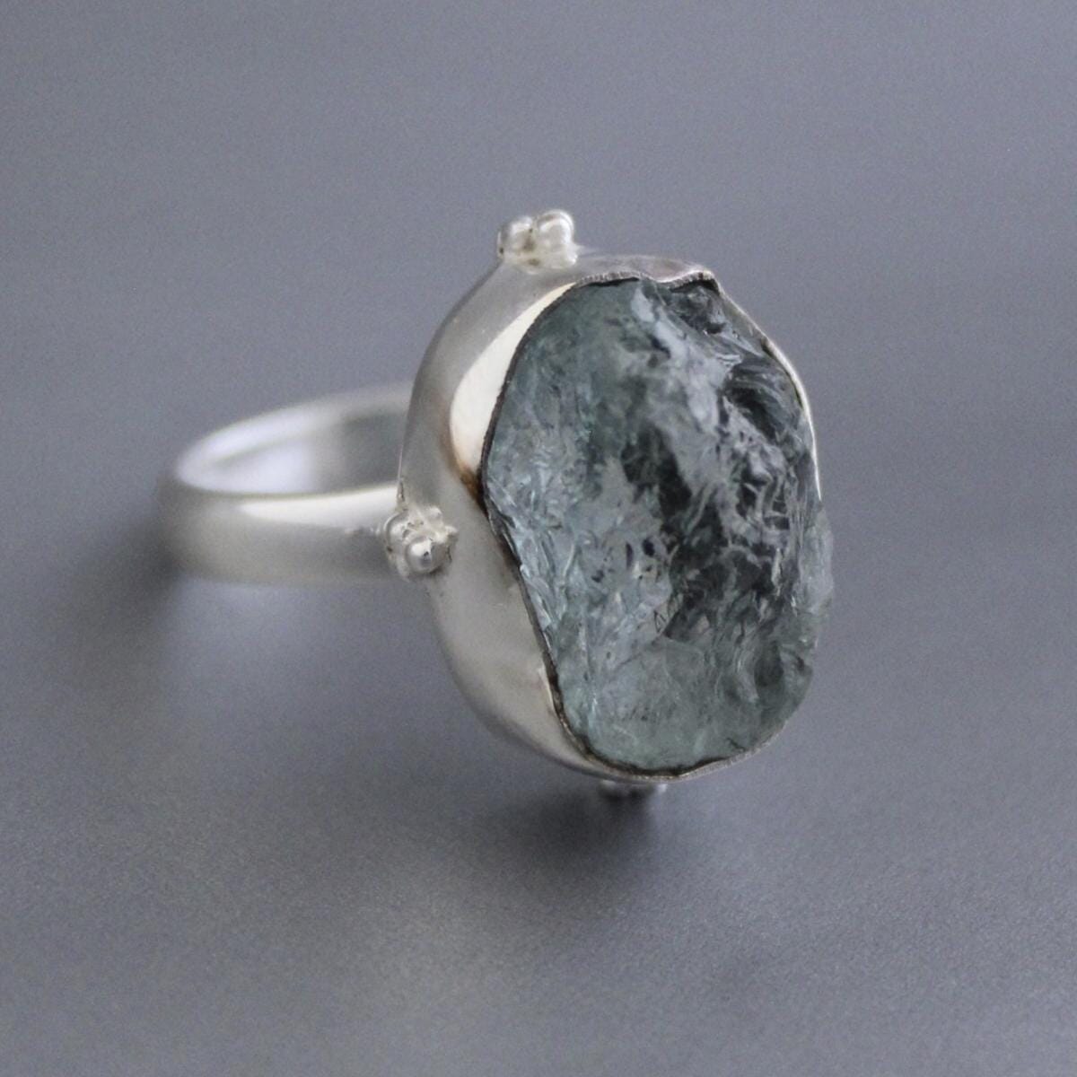 Raw Aquamarine Ring, March Birthstone 925 Sterling Silver Healing Crystal, Handmade Asymmetric Design with Crystal