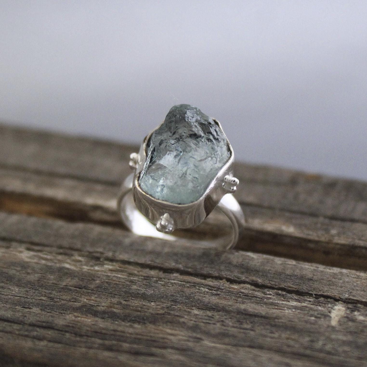 Raw Aquamarine Ring, March Birthstone 925 Sterling Silver Healing Crystal, Handmade Asymmetric Design with Crystal