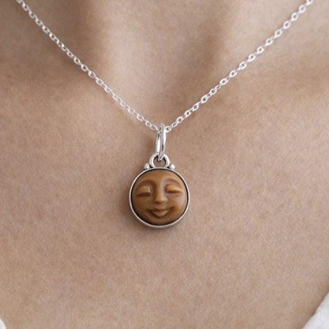 Sterling Silver Tigers Eye Necklace, Round Crystal Moon Pendant, Birthstone Necklace, Sterling Silver Pendant, Gift for mom