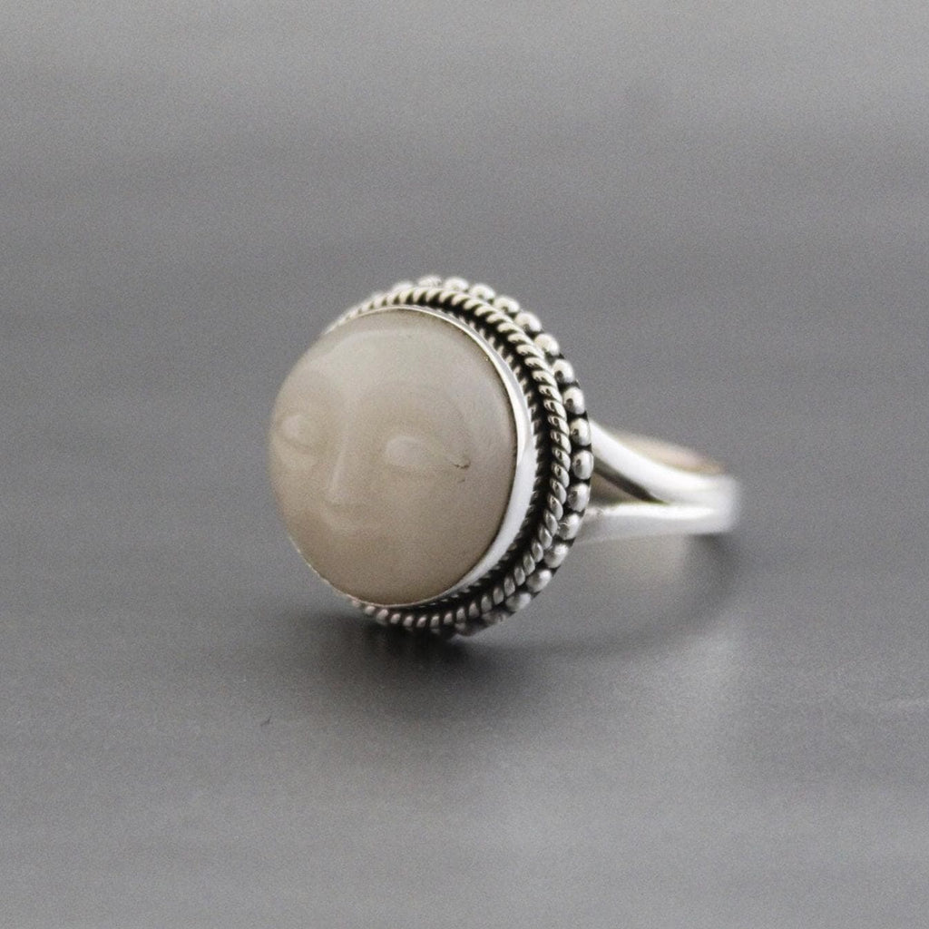 White Moonstone Carved Ring, Moon face carving, Celestial Jewelry, Sterling Silver Bohemian Jewelry, Moonstone Jewelry, Gift for Girlfriend