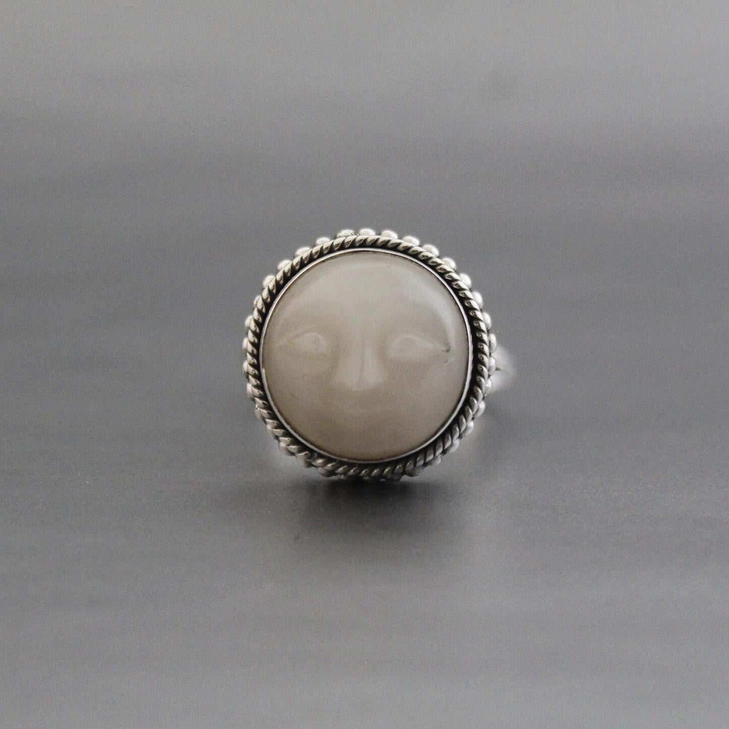 White Moonstone Carved Ring, Moon face carving, Celestial Jewelry, Sterling Silver Bohemian Jewelry, Moonstone Jewelry, Gift for Girlfriend