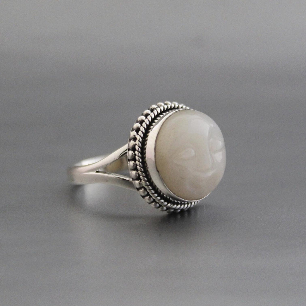 White Moonstone Carved Ring, Moon face carving, Celestial Jewelry, Sterling Silver Bohemian Jewelry, Moonstone Jewelry, Gift for Girlfriend