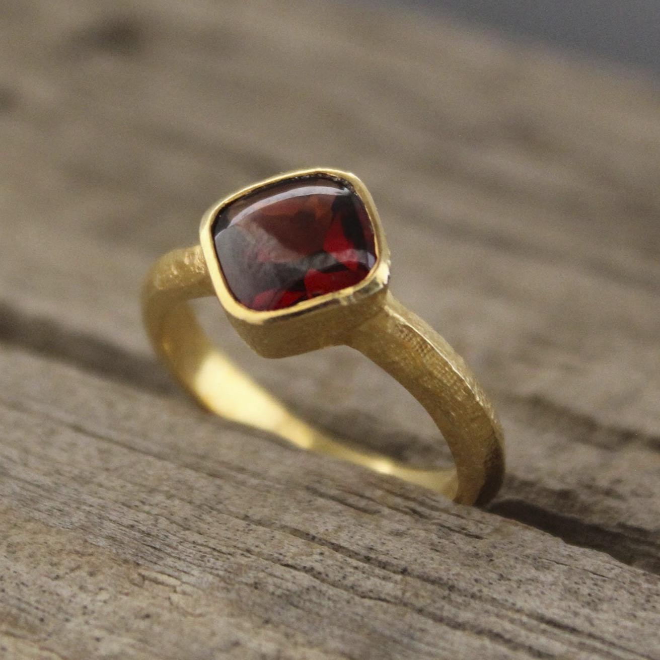 Garnet Signet Ring, 18K Gold Plated, January Birthstone, Passion Stone, Birthday Gift, Cushion Garnet Ring