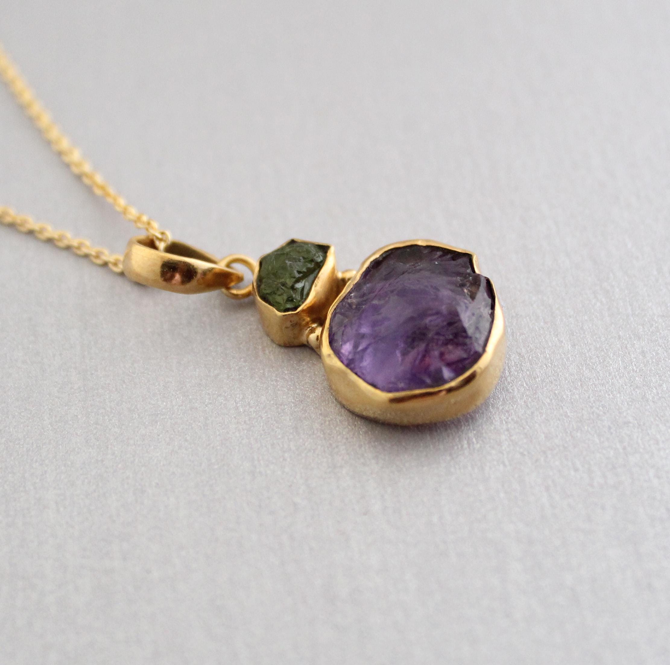 Raw Amethyst Necklace, Gold Fill, February Birthstone, Healing Energy Pendant, Raw Peridot Pendant, Gemstone Necklace, Raw Crystal Necklace