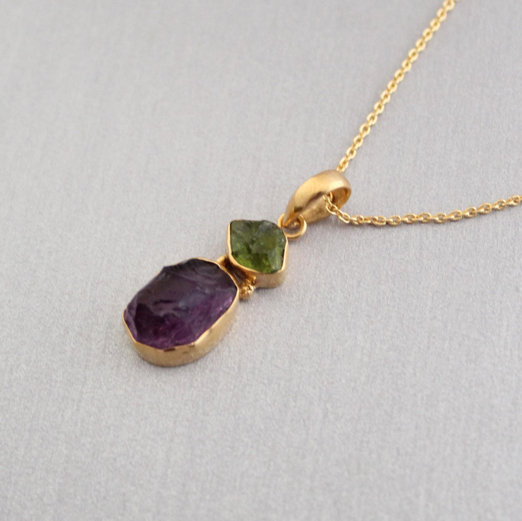Raw Amethyst Necklace, Gold Fill, February Birthstone, Healing Energy Pendant, Raw Peridot Pendant, Gemstone Necklace, Raw Crystal Necklace