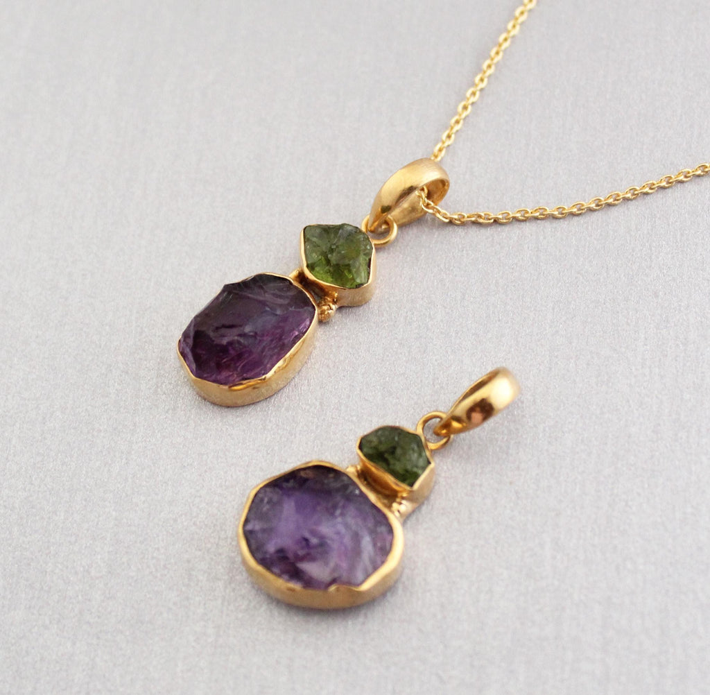 Raw Amethyst Necklace, Gold Fill, February Birthstone, Healing Energy Pendant, Raw Peridot Pendant, Gemstone Necklace, Raw Crystal Necklace