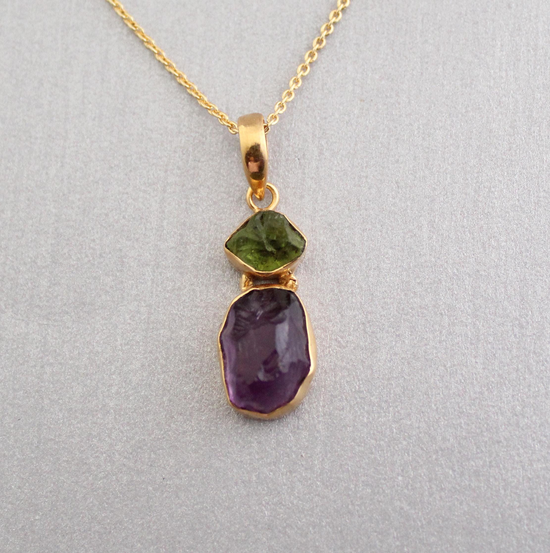Raw Amethyst Necklace, Gold Fill, February Birthstone, Healing Energy Pendant, Raw Peridot Pendant, Gemstone Necklace, Raw Crystal Necklace