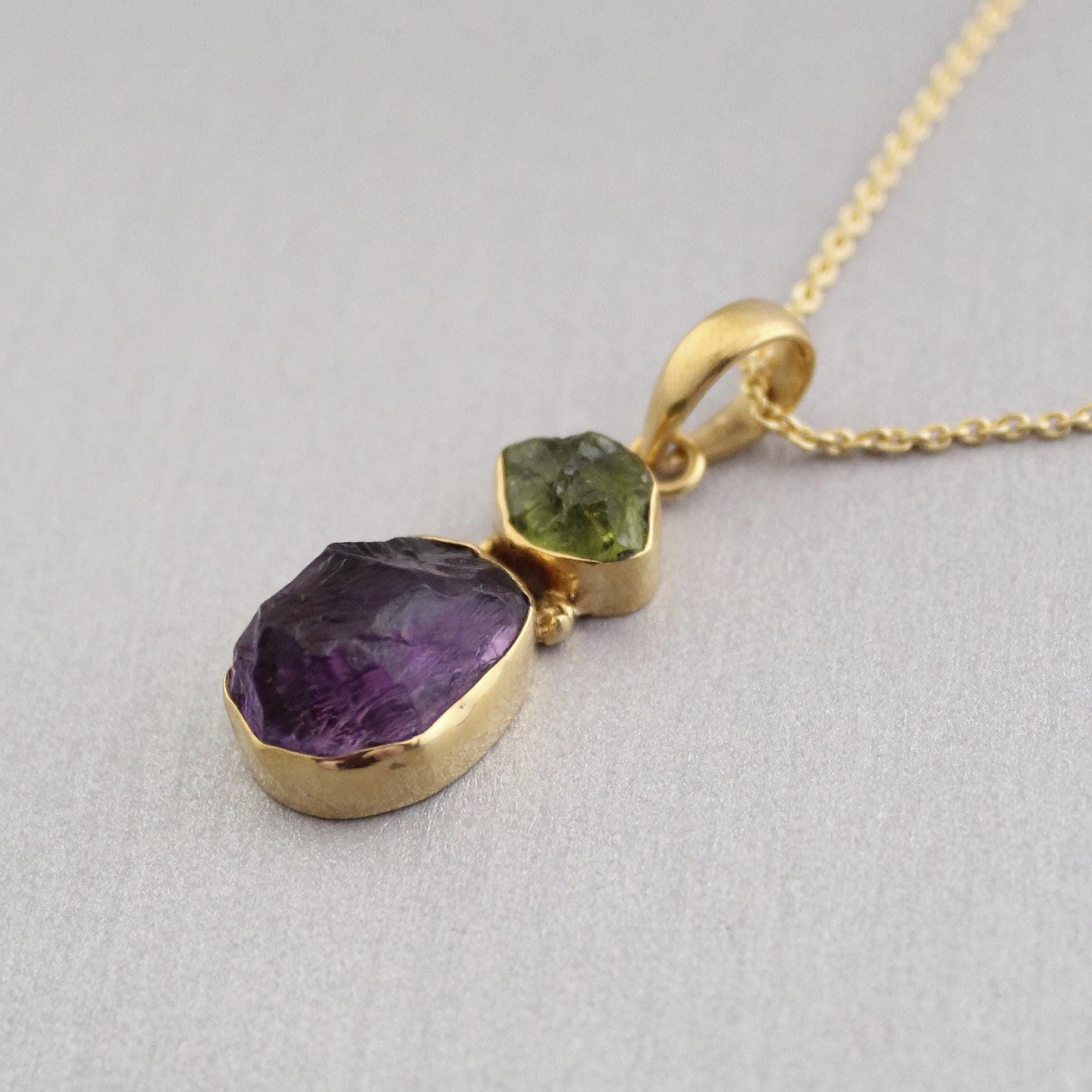 Raw Amethyst Necklace, Gold Fill, February Birthstone, Healing Energy Pendant, Raw Peridot Pendant, Gemstone Necklace, Raw Crystal Necklace