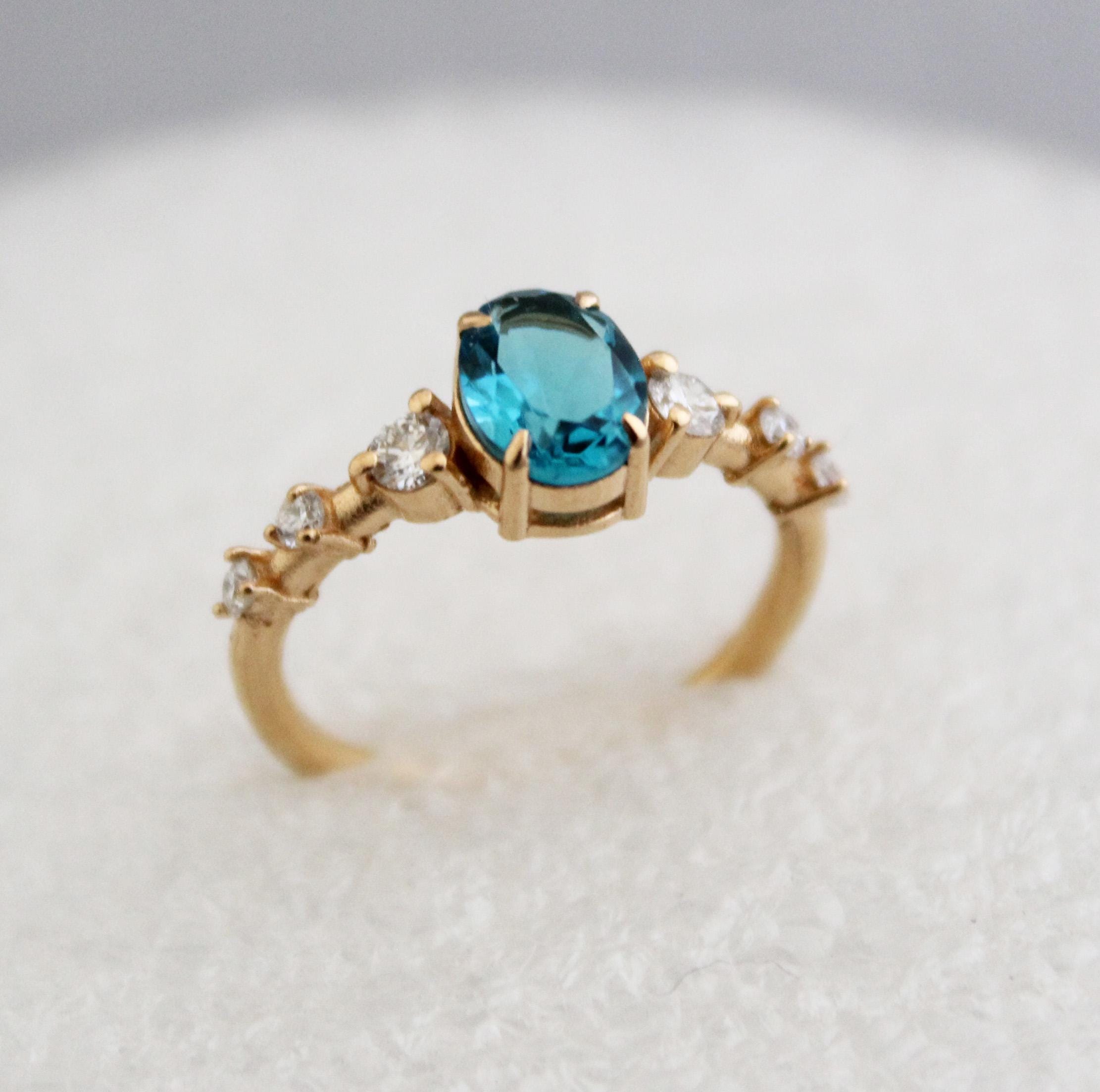 London Blue Topaz Ring, CVD Diamond Ring, Solitaire Ring, Engagement ring, December Birthstone, Dainty Promise Ring, Wedding Gifts