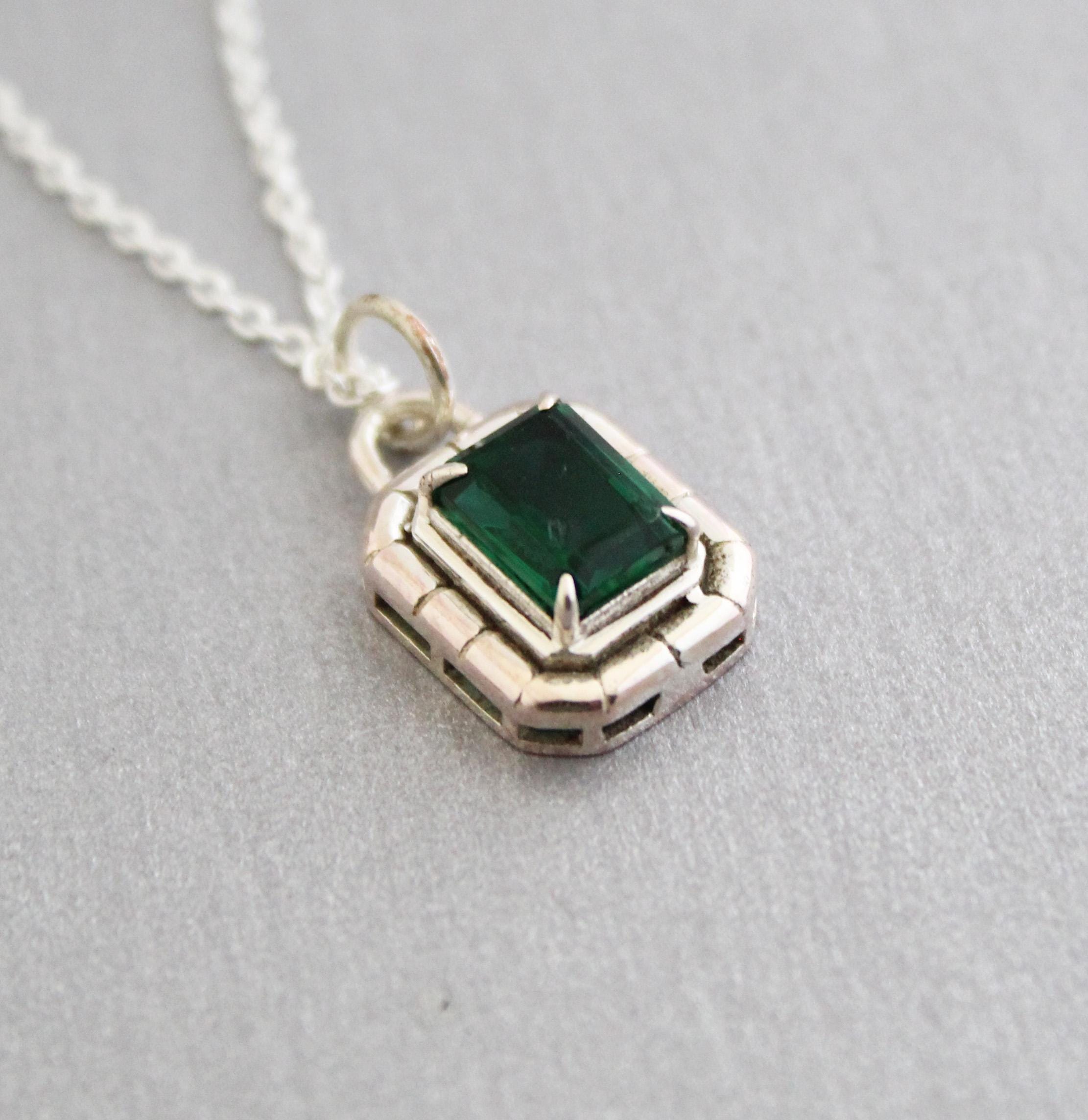 Emerald Necklace, 925 Sterling silver Necklace, May Birthstone Pendant Necklace, Emerald Rectangle Necklace, Green Gemstone Necklace