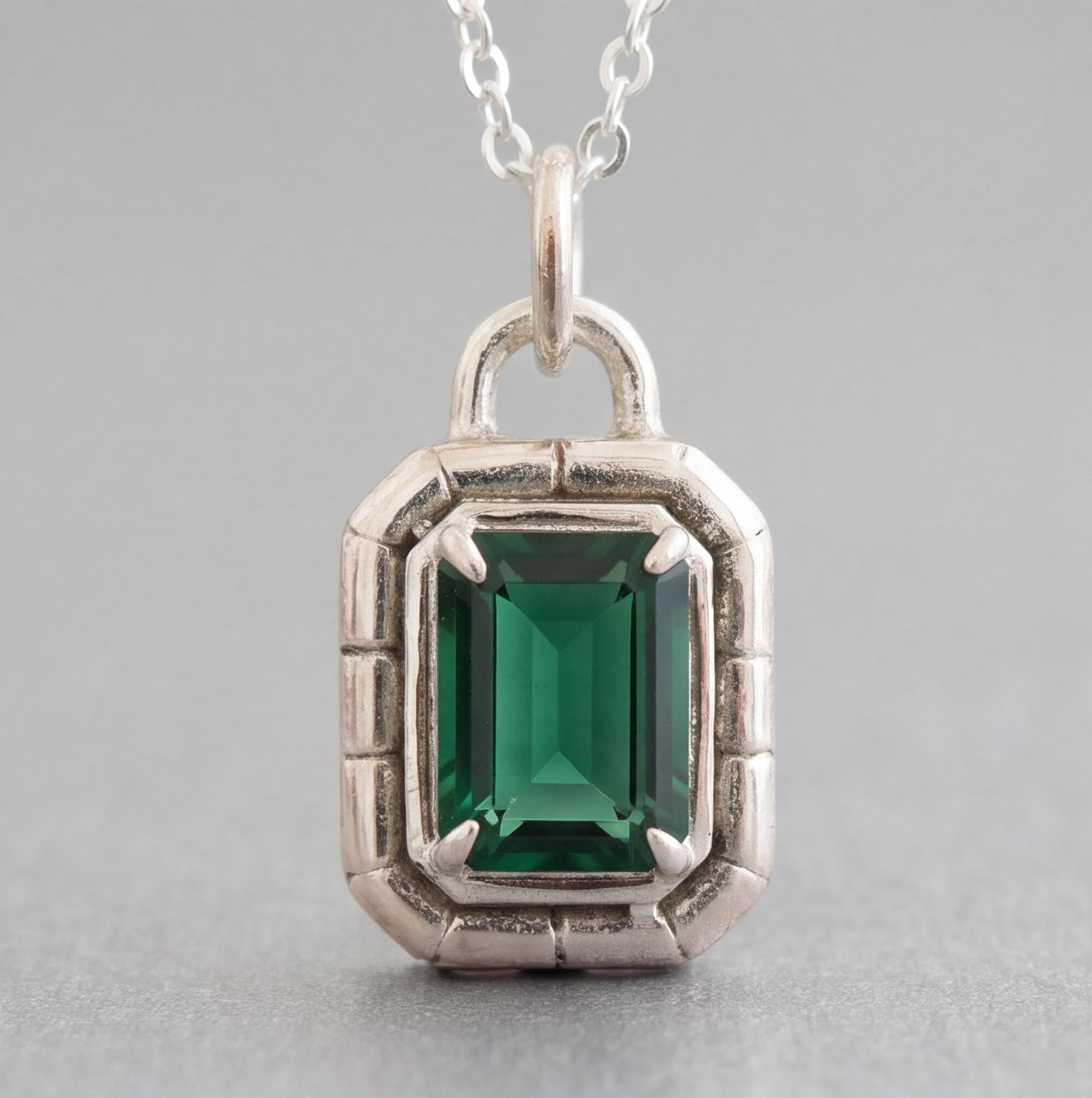 Emerald Necklace, 925 Sterling silver Necklace, May Birthstone Pendant Necklace, Emerald Rectangle Necklace, Green Gemstone Necklace