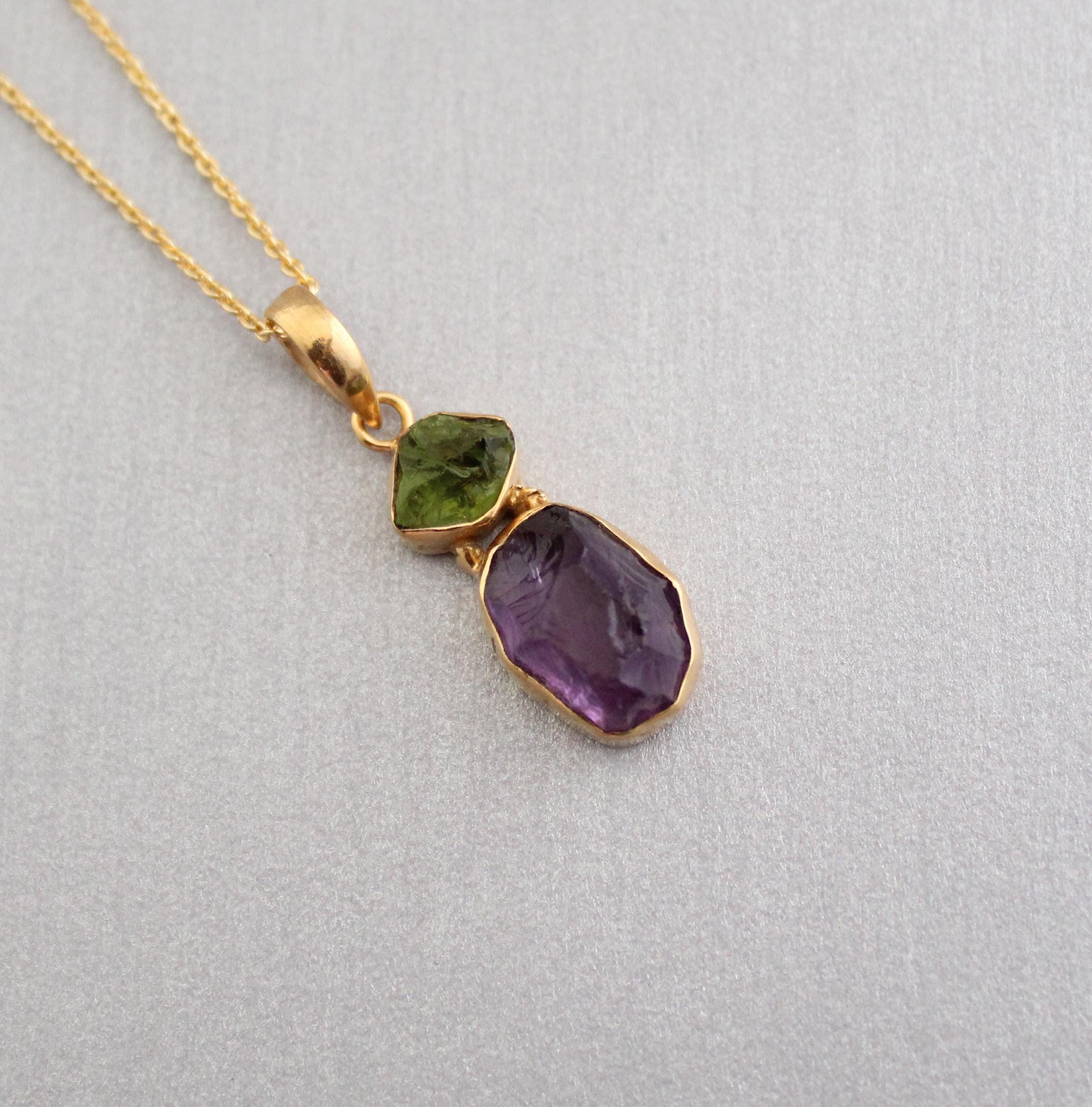 Raw Amethyst Necklace, Gold Fill, February Birthstone, Healing Energy Pendant, Raw Peridot Pendant, Gemstone Necklace, Raw Crystal Necklace