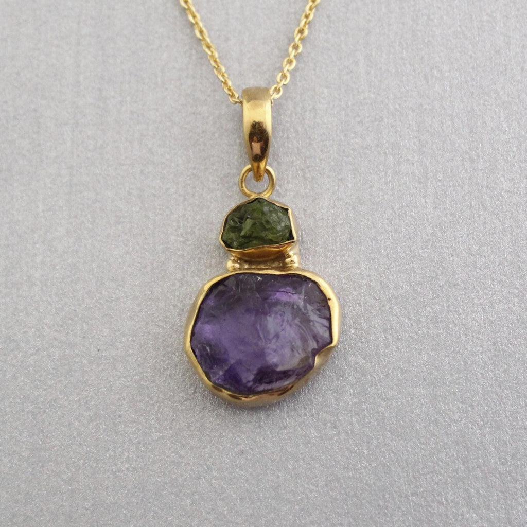 Raw Amethyst Necklace, Gold Fill, February Birthstone, Healing Energy Pendant, Raw Peridot Pendant, Gemstone Necklace, Raw Crystal Necklace