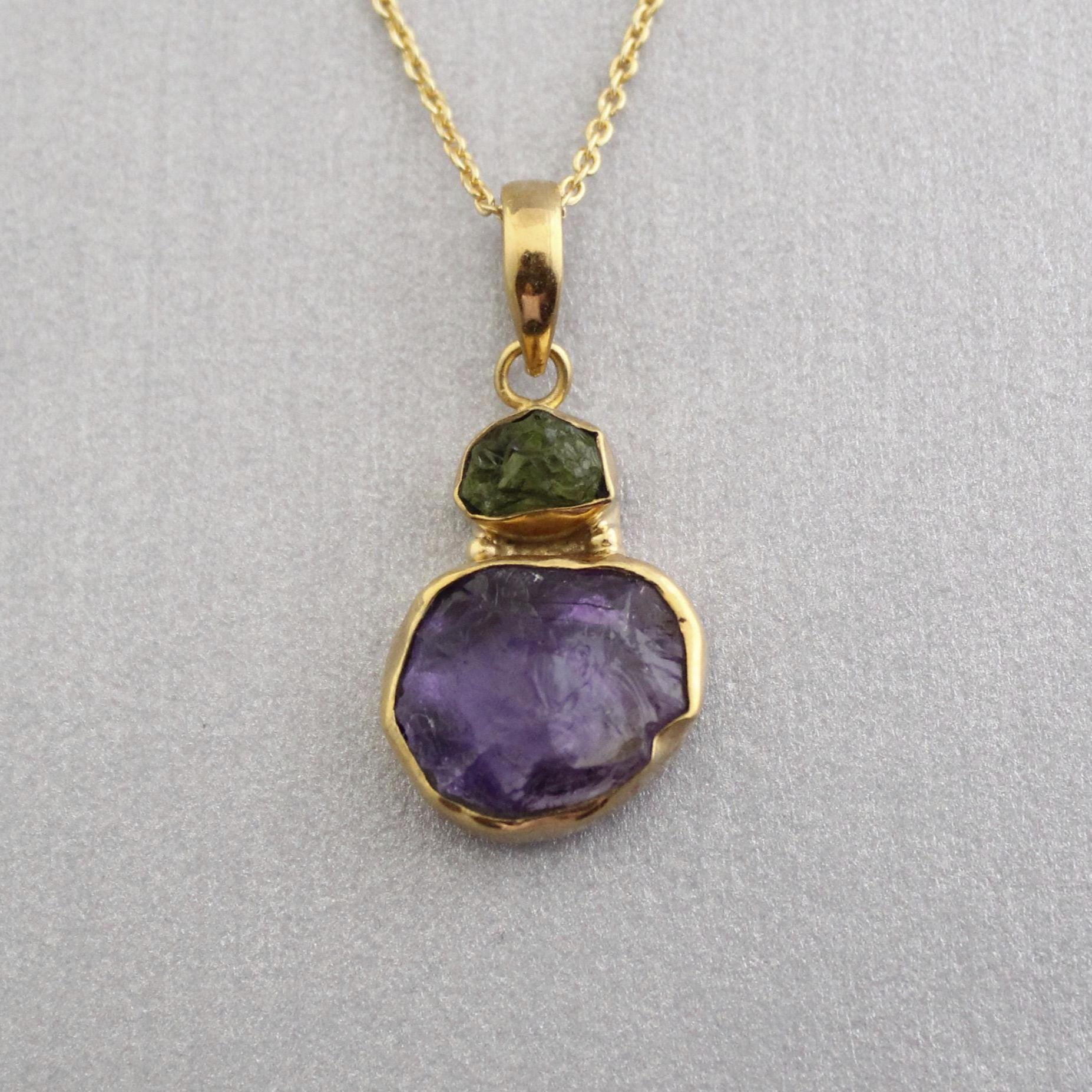 Raw Amethyst Necklace, Gold Fill, February Birthstone, Healing Energy Pendant, Raw Peridot Pendant, Gemstone Necklace, Raw Crystal Necklace