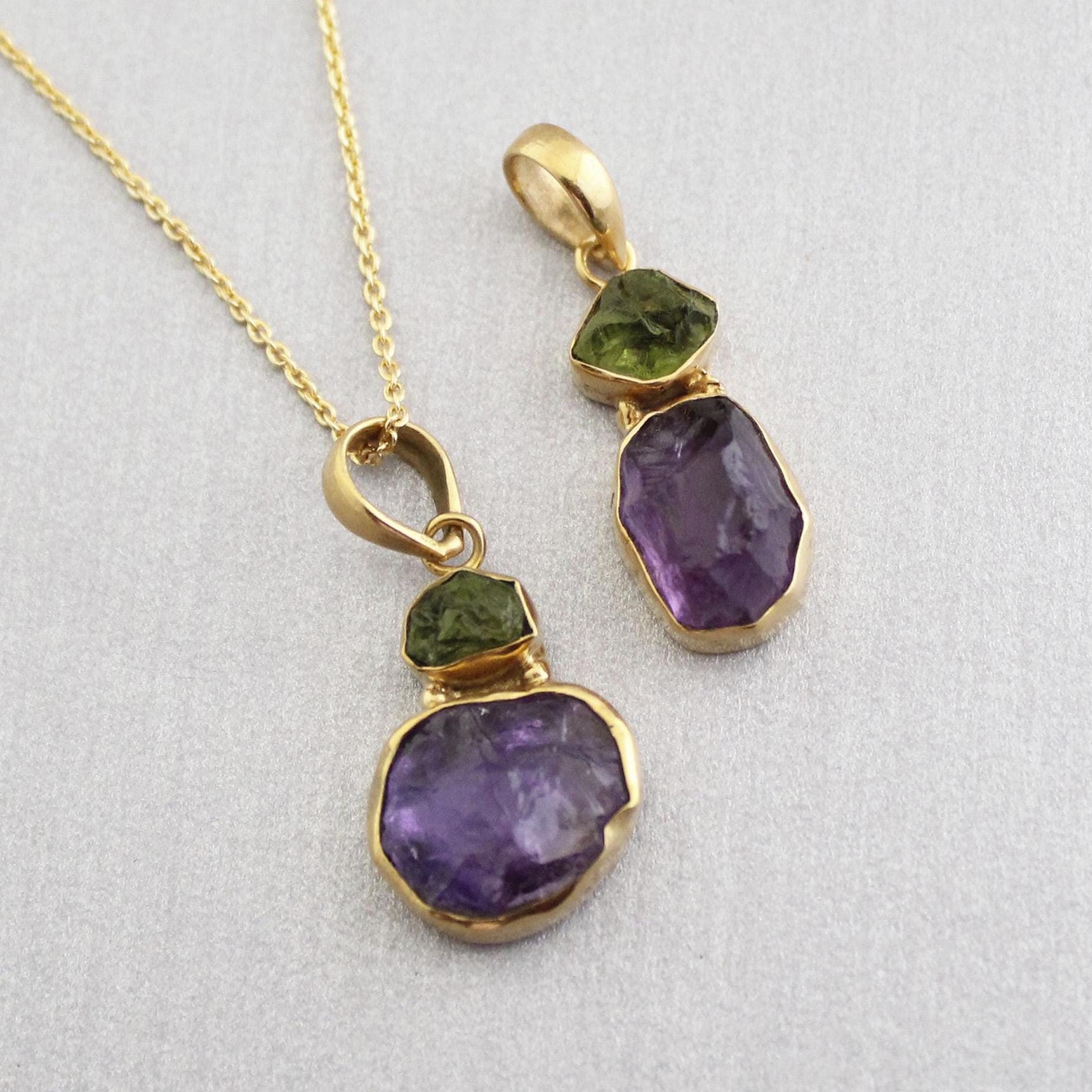 Raw Amethyst Necklace, Gold Fill, February Birthstone, Healing Energy Pendant, Raw Peridot Pendant, Gemstone Necklace, Raw Crystal Necklace