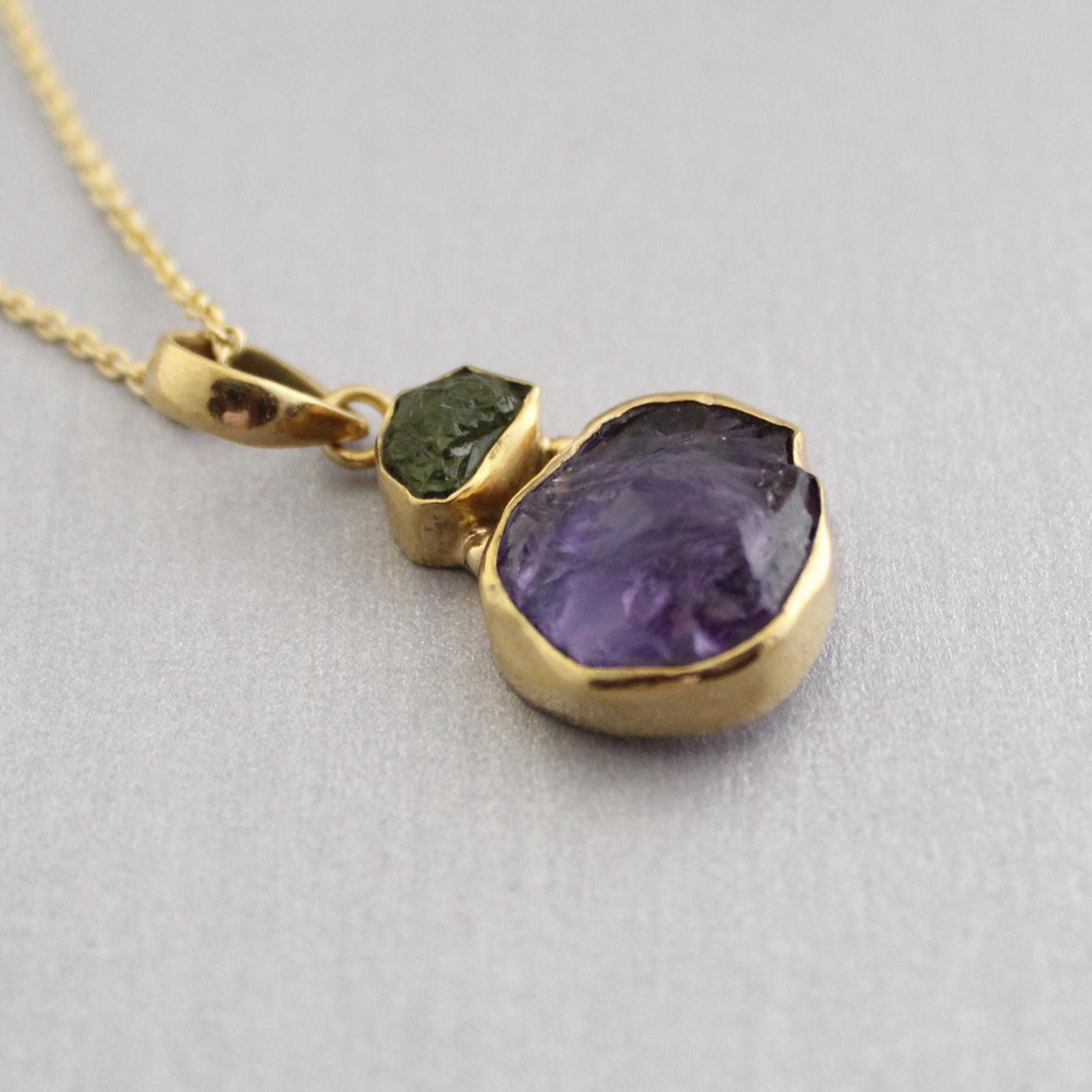 Raw Amethyst Necklace, Gold Fill, February Birthstone, Healing Energy Pendant, Raw Peridot Pendant, Gemstone Necklace, Raw Crystal Necklace
