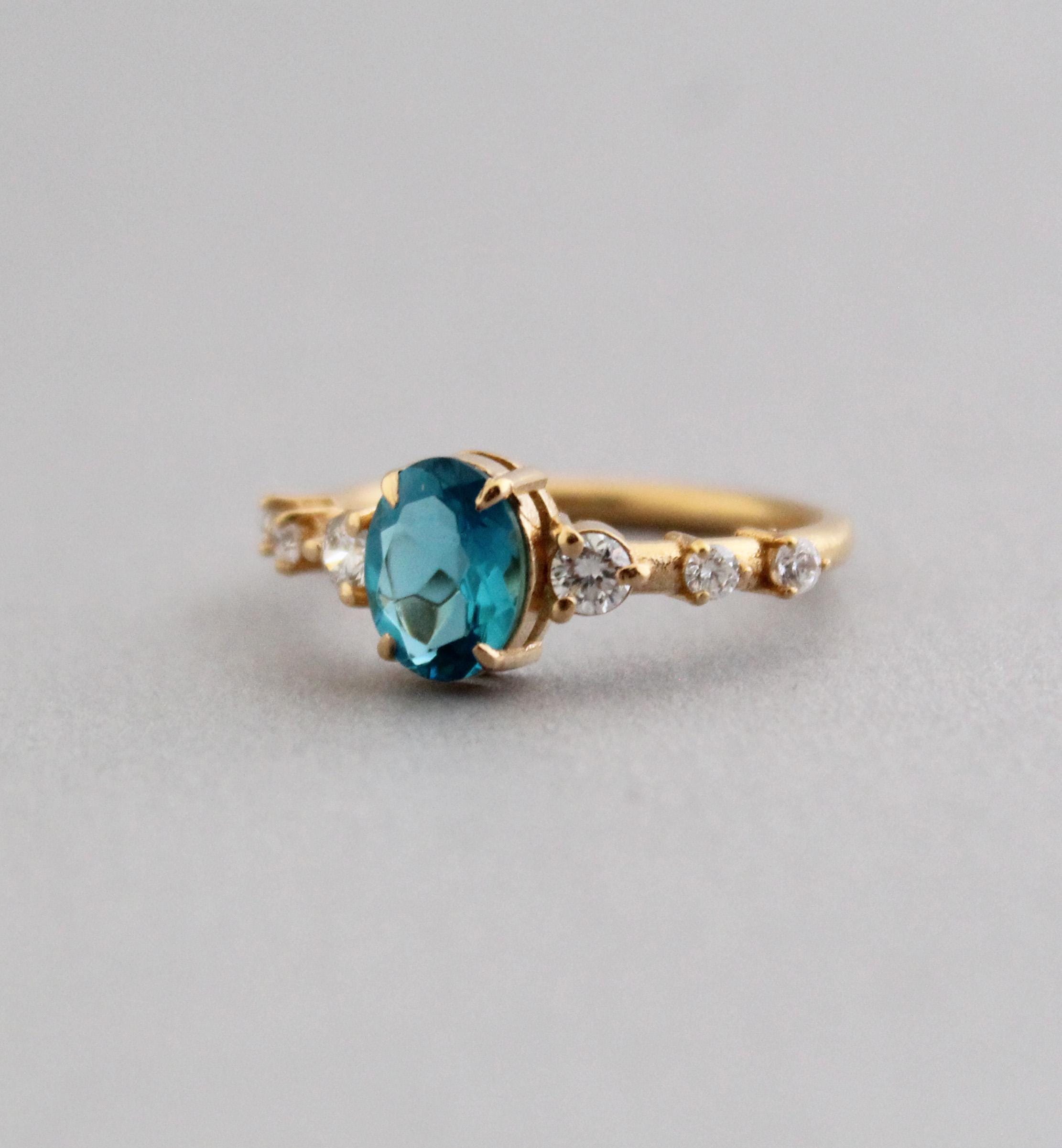 London Blue Topaz Ring, CVD Diamond Ring, Solitaire Ring, Engagement ring, December Birthstone, Dainty Promise Ring, Wedding Gifts