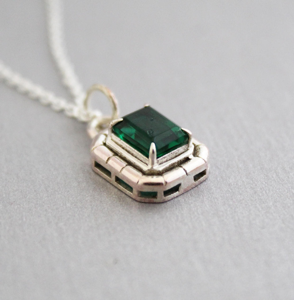 Emerald Necklace, 925 Sterling silver Necklace, May Birthstone Pendant Necklace, Emerald Rectangle Necklace, Green Gemstone Necklace