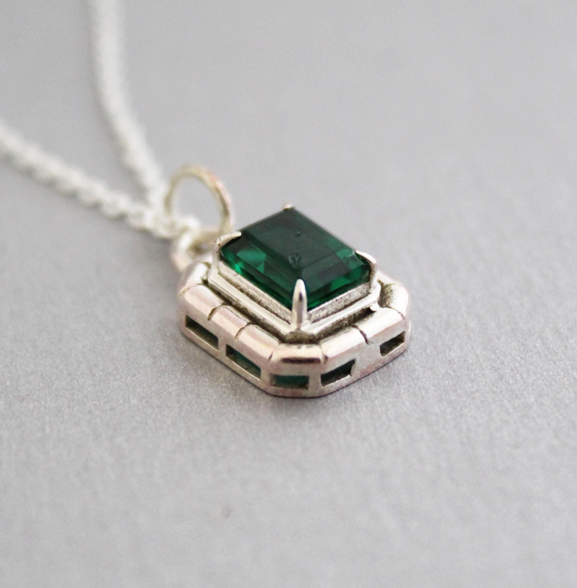 Emerald Necklace, 925 Sterling silver Necklace, May Birthstone Pendant Necklace, Emerald Rectangle Necklace, Green Gemstone Necklace