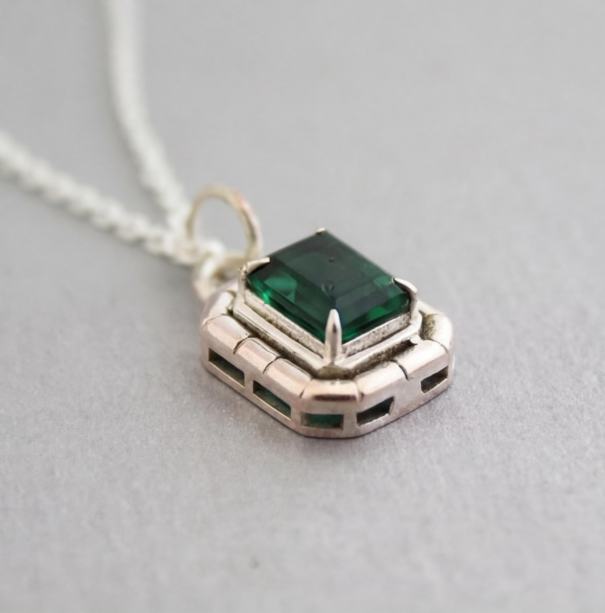 Emerald Necklace, 925 Sterling silver Necklace, May Birthstone Pendant Necklace, Emerald Rectangle Necklace, Green Gemstone Necklace
