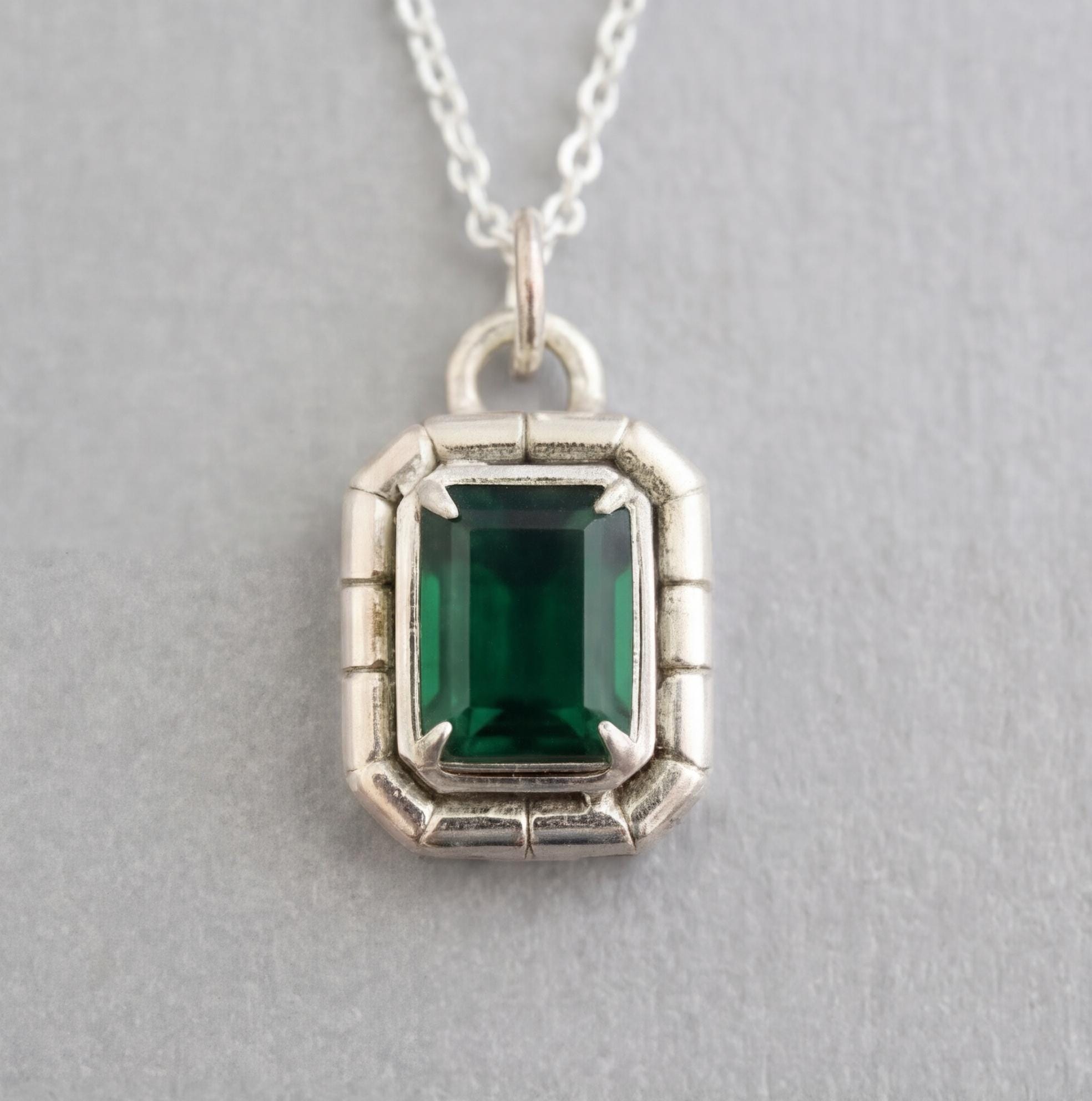 Emerald Necklace, 925 Sterling silver Necklace, May Birthstone Pendant Necklace, Emerald Rectangle Necklace, Green Gemstone Necklace