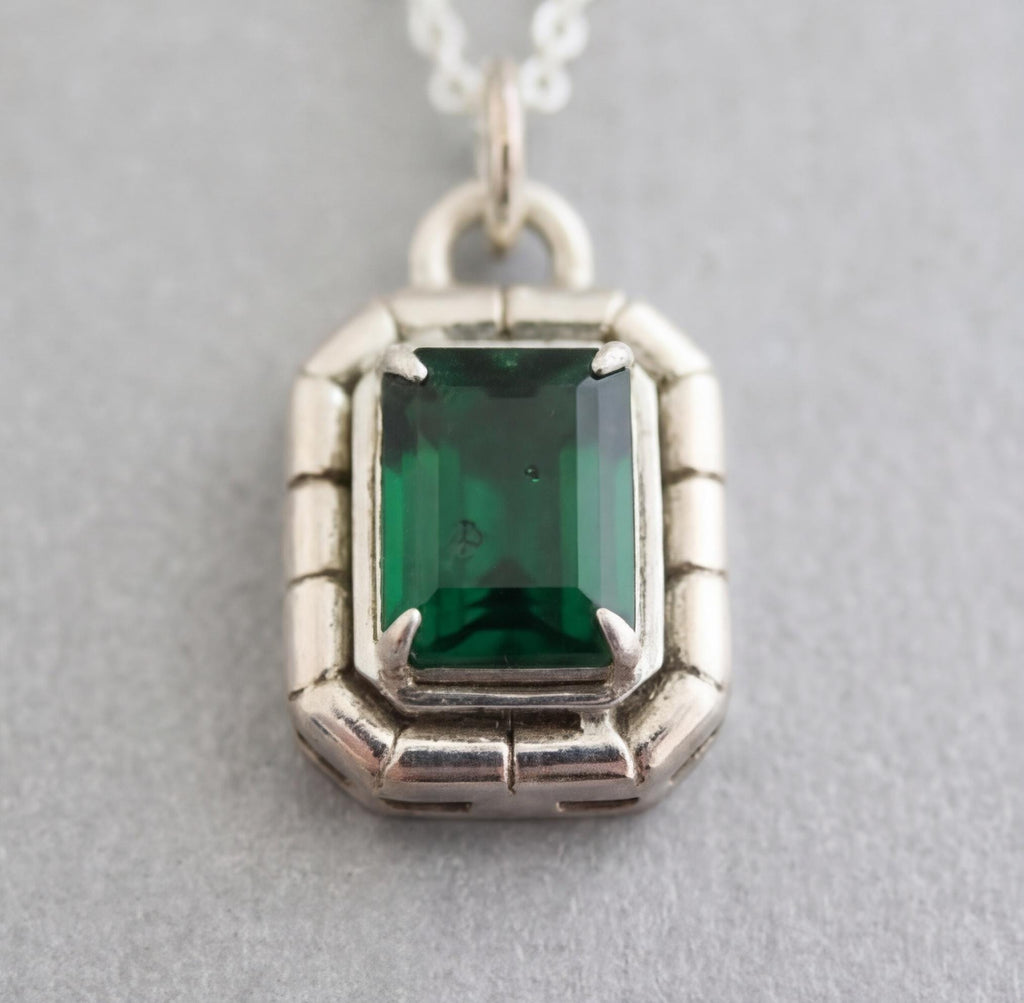 Emerald Necklace, 925 Sterling silver Necklace, May Birthstone Pendant Necklace, Emerald Rectangle Necklace, Green Gemstone Necklace