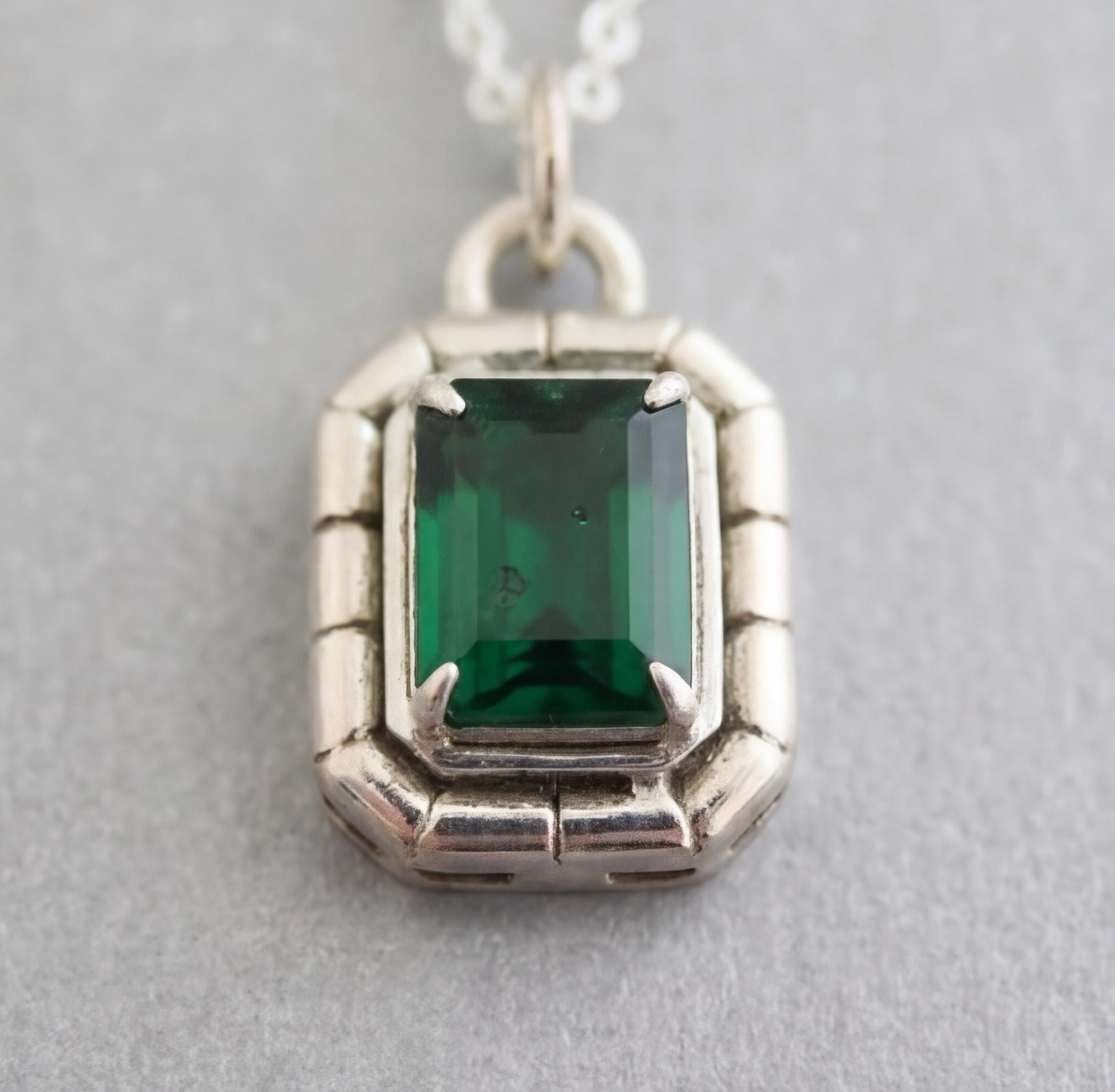Emerald Necklace, 925 Sterling silver Necklace, May Birthstone Pendant Necklace, Emerald Rectangle Necklace, Green Gemstone Necklace
