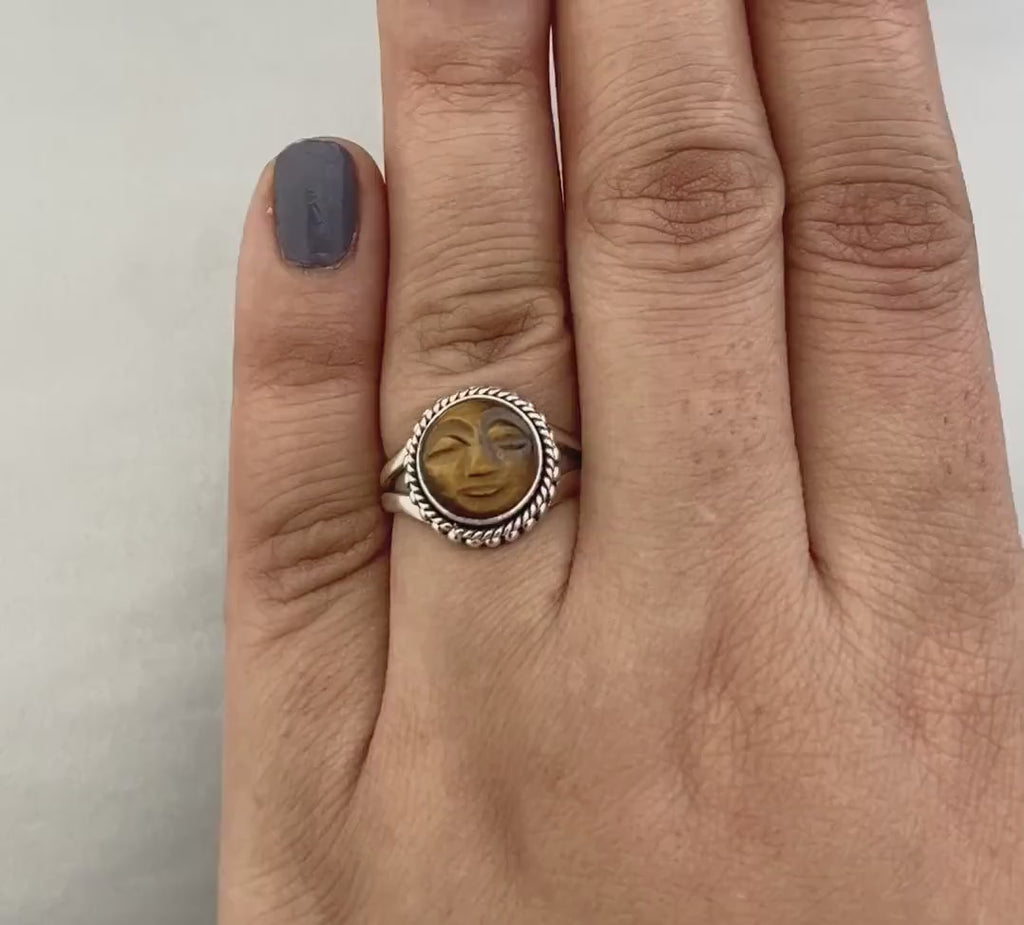 Tiger’s Eye Moon Face Ring, Sterling Silver Boho Statement Jewelry, Carved Gemstone, Celestial, Chunky Vintage, Signet Gemstone Ring
