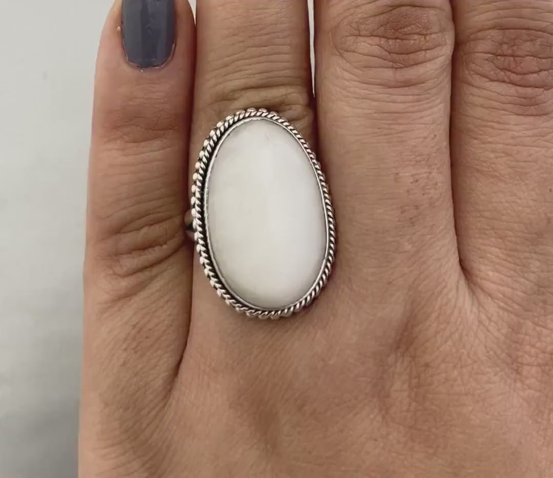 Handmade Sterling Silver White Agate Ring, Boho Gemstone Ring, Personalized Birthstone Jewelry, Birthday & Anniversary Gift for Her