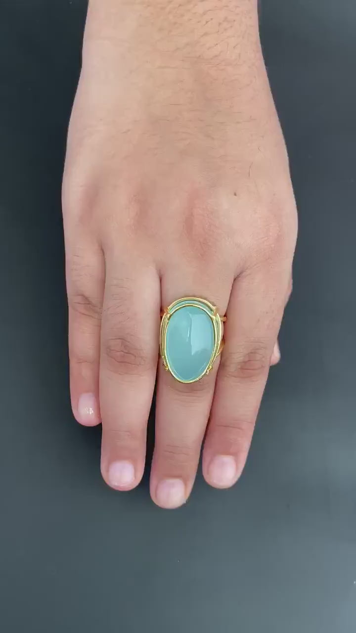 Aqua Chalcedony Sterling Silver Ring, Oval Gemstone, 18K Gold Filled 925 Sterling Silver Ring, Handmade Wedding Jewelry, Gift Ring